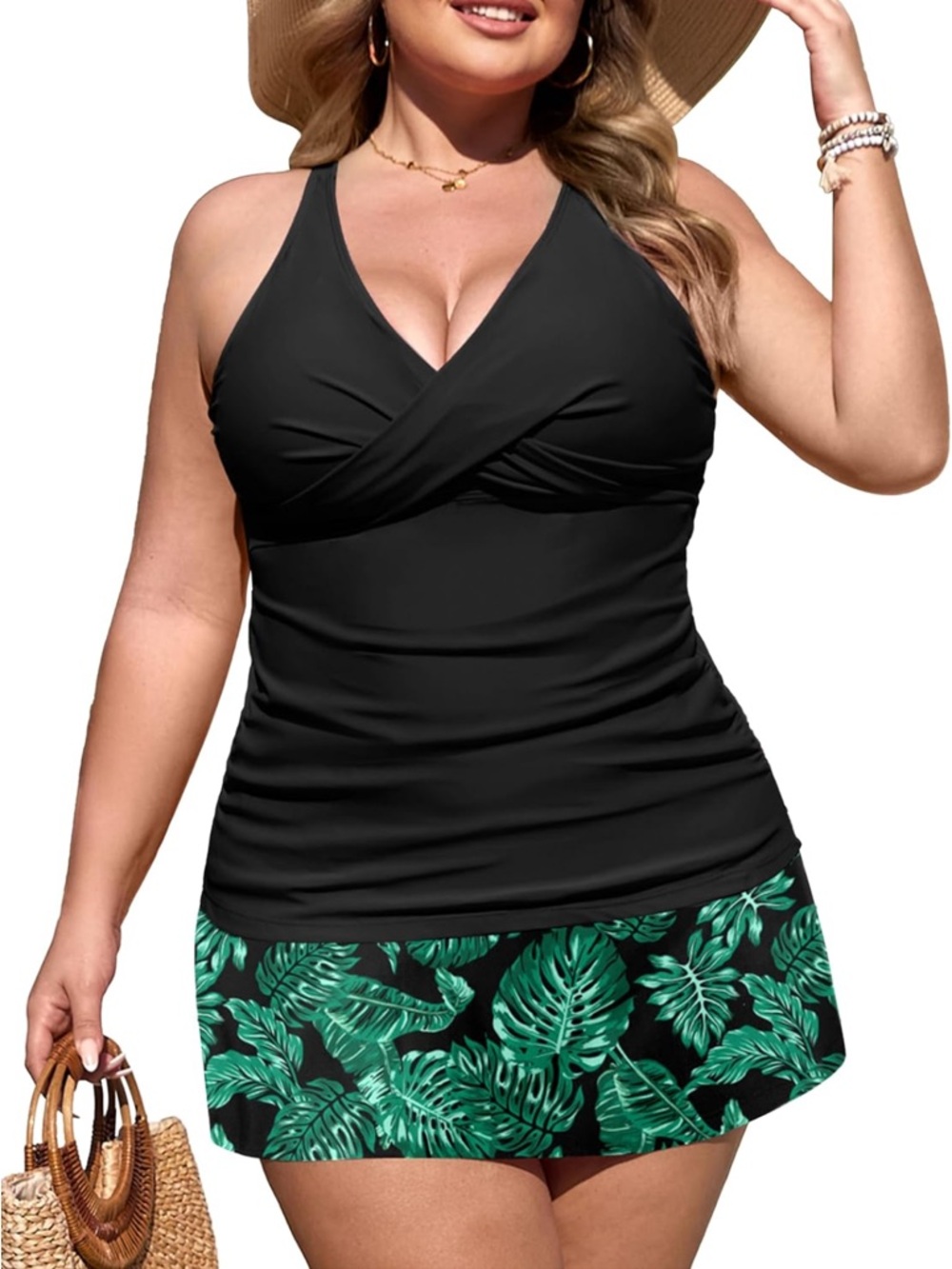 Two Piece Tankini With Skirt 2026 V-Neck Tummy Control Swimwear 16W/ 960-11